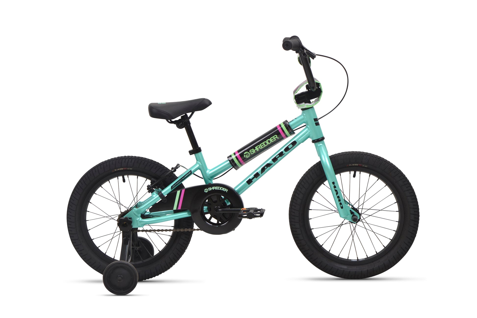 A Shredder 16 ST teal girls bike with training wheels, black seat, low top tube, and black tires is shown side view on white background.