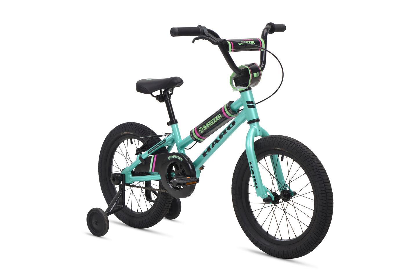 A teal and black Shredder 16 ST with training wheels, low top tube, black seat, and handlebars on a white background.