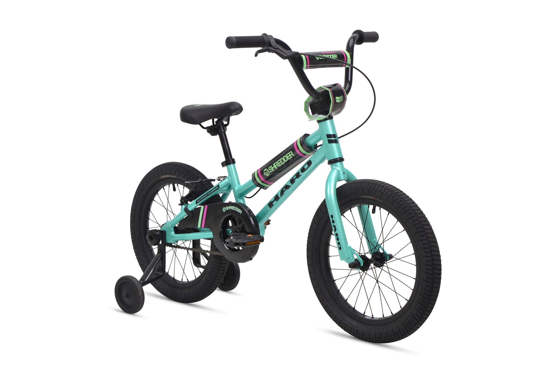 A teal and black Shredder 16 ST with training wheels, low top tube, black seat, and handlebars on a white background.