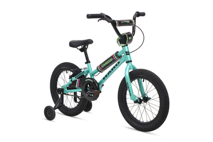 A teal and black Shredder 16 ST with training wheels, low top tube, black seat, and handlebars on a white background.