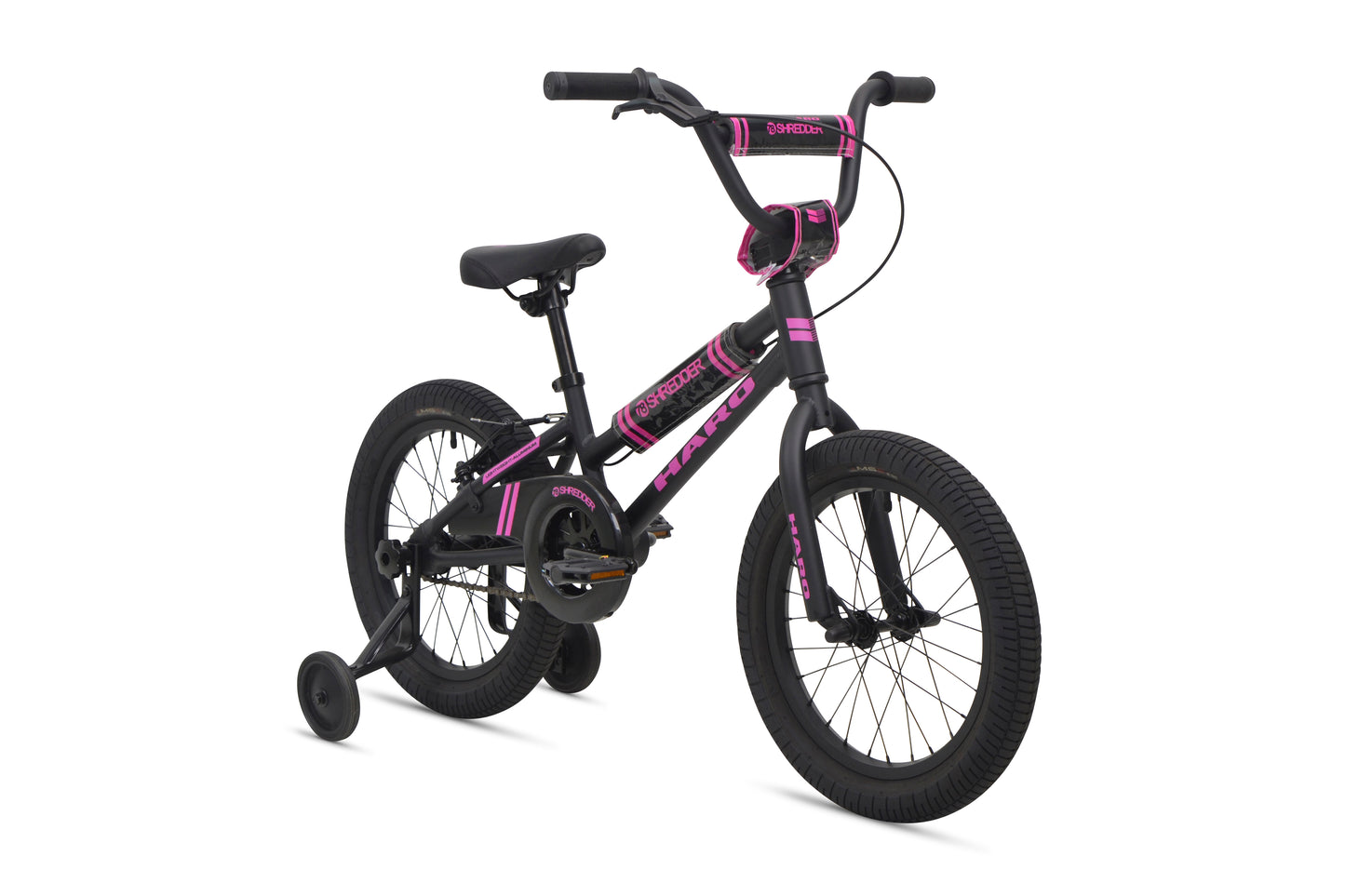 The Shredder 16 ST girls’ bike in black and pink features a lower top tube, training wheels, padded seat, and handlebar safety padding.