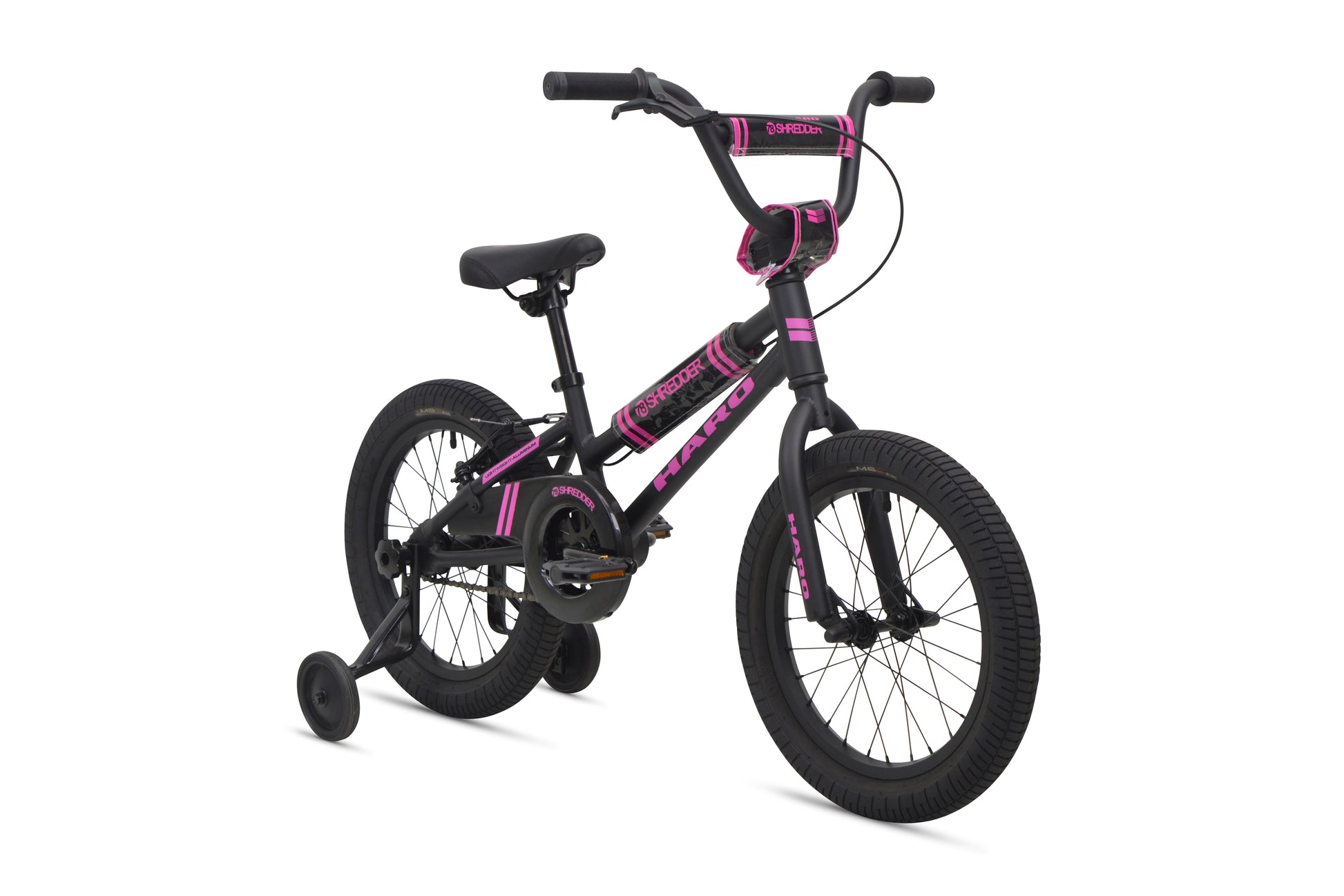 The Shredder 16 ST girls’ bike in black and pink features a lower top tube, training wheels, padded seat, and handlebar safety padding.