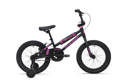 A black and pink Shredder 16 ST bike with training wheels and a low top tube, shown from the side on a white background.