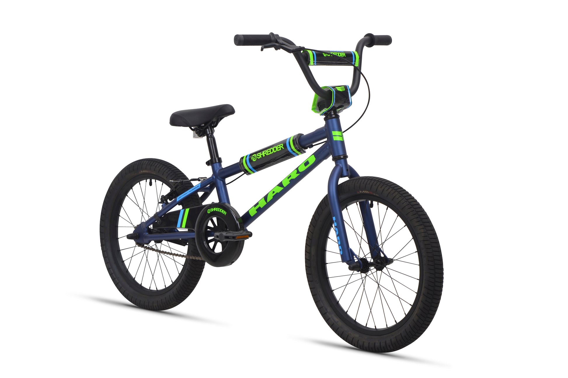 Shredder 18 kids bike in blue/green with 18" alloy wheels, black tires, training wheels & padded handlebars on white background.