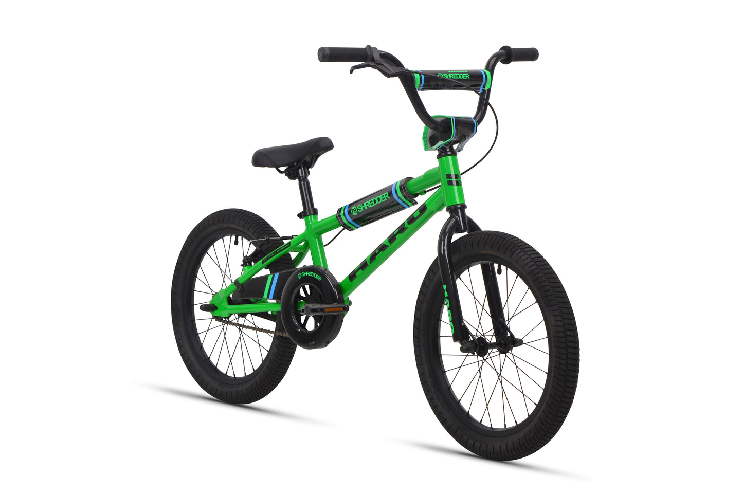 Shredder 18: BMX-style kids bike, green/black, thick tires, 18" alloy rims, black seat and handlebars.