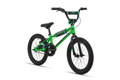 Shredder 18: BMX-style kids bike, green/black, thick tires, 18" alloy rims, black seat and handlebars.