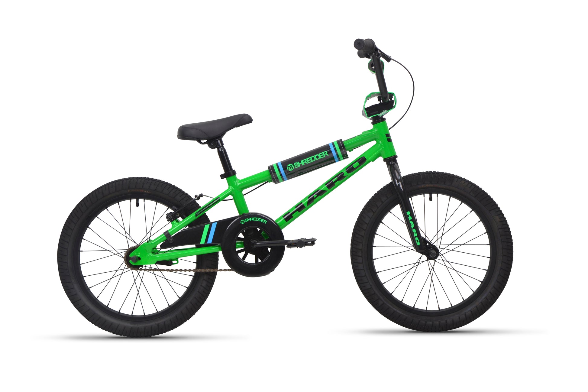 The Shredder 18 kids bike in green features a black seat, handlebars, and 18" alloy rims, shown from the side.