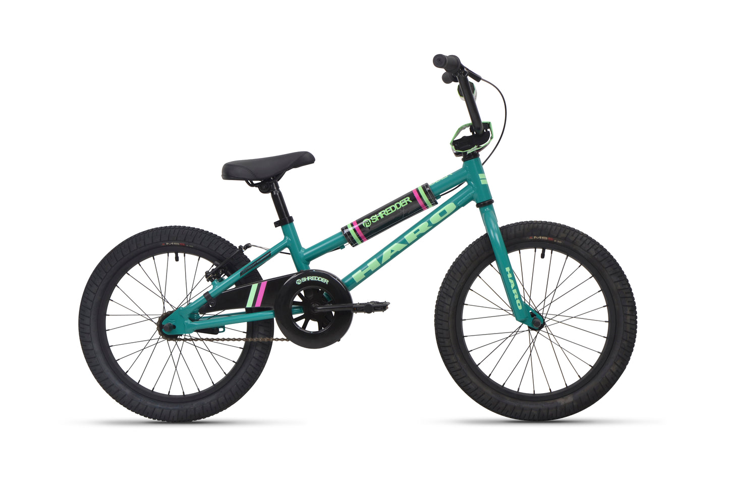 Shredder 18 ST girls' bike in teal with black tires, low top tube, black seat, green and white accents on a white background.
