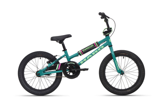 Shredder 18 ST girls' bike in teal with black tires, low top tube, black seat, green and white accents on a white background.