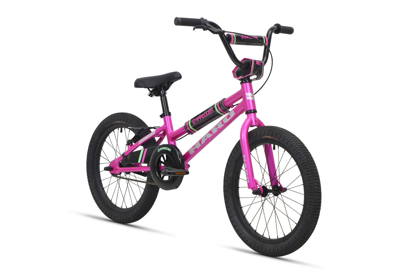 Shredder 18 ST girls' bike in pink with black tires and a low top tube, shown angled on a white background.