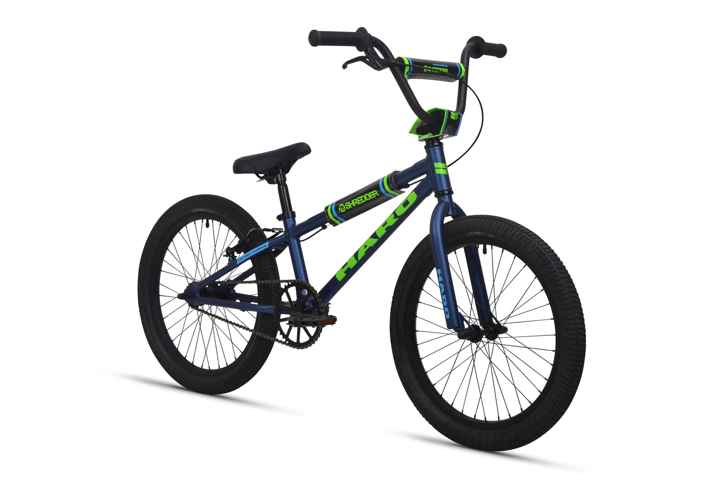 Shredder 20 BMX bike, blue/green, 20" wheels, alloy frame, black tires; side view on white background.