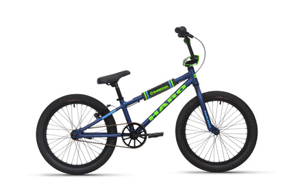 Blue and green Shredder 20 BMX bike with 20" wheels, black tires, alloy frame, upright handlebars; side view on white.