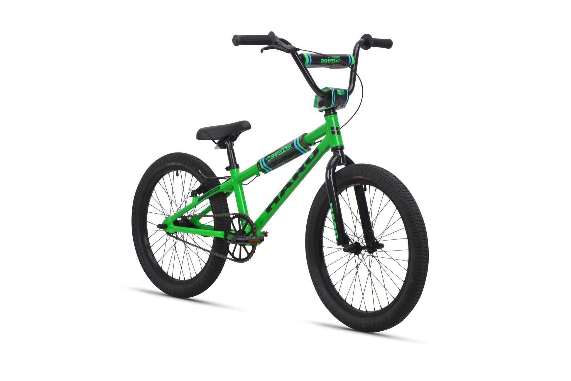 Shredder 20 BMX bike in green with black tires, 20" wheels, alloy frame and handlebars, displayed on white background.