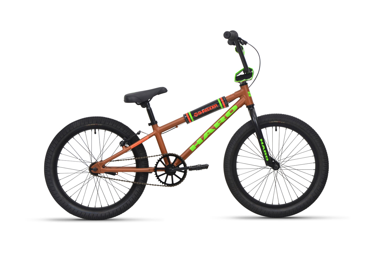 Shredder 20 BMX bike with alloy frame, black seat, 20" wheels, and green accents, side view on white background.