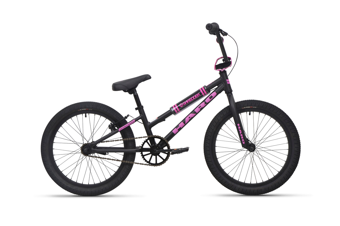 Shredder 20 ST girls' BMX bike in black and pink has a lower top tube, thick tires, padded seat, and straight handlebars.