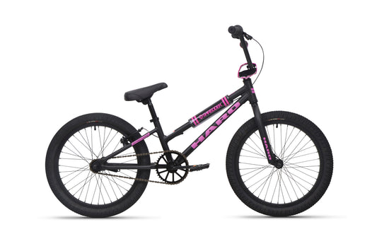 Shredder 20 ST girls' BMX bike in black and pink has a lower top tube, thick tires, padded seat, and straight handlebars.