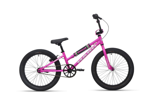 Shredder 20 ST girls bike in pink with a lower top tube, black tires, seat, and handlebars on white background.