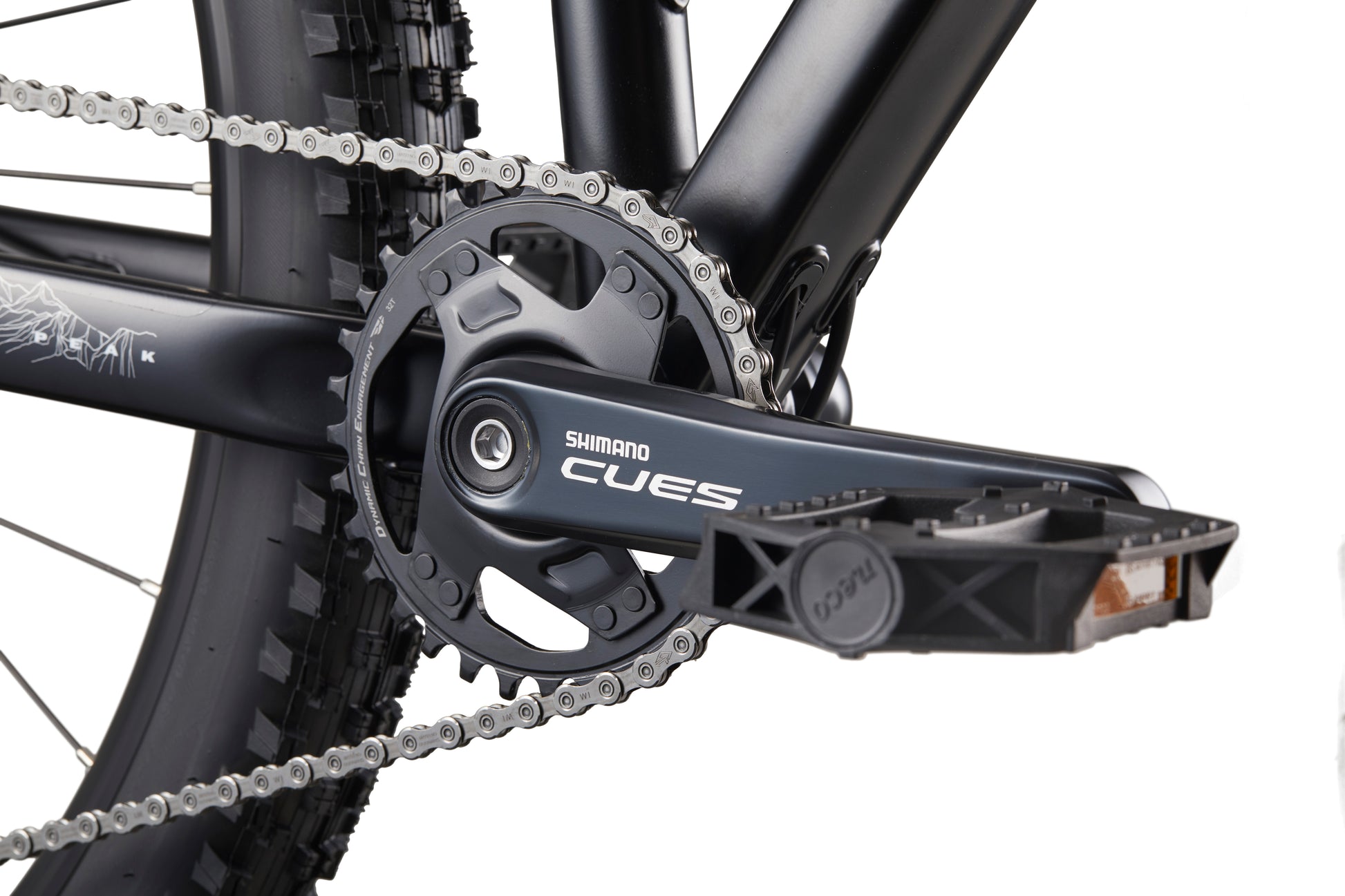 Close-up of the Double Peak’s Shimano CUES crankset and chainring; 148 boost spacing adds to the bike’s modern design.