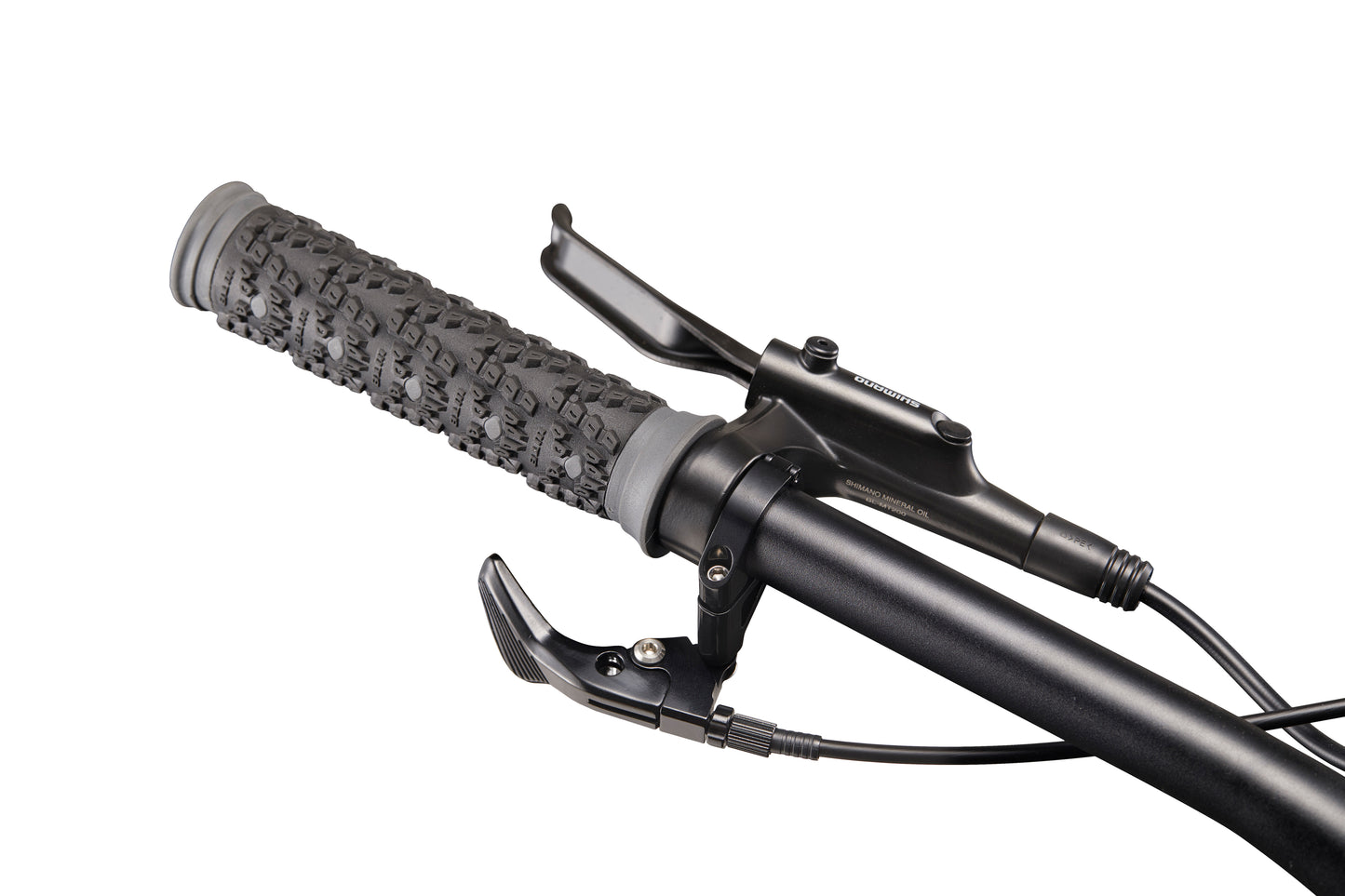 Close-up of Double Peak bike handlebar with textured grip, hydraulic disc brakes, lever, and shifter on white background.