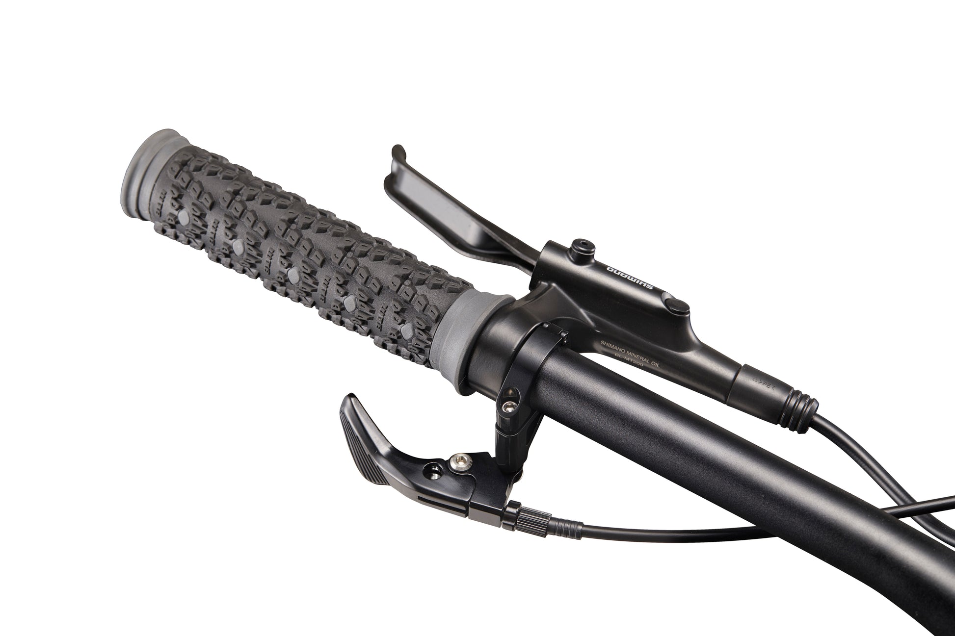 Close-up of Double Peak bike handlebar with textured grip, hydraulic disc brakes, lever, and shifter on white background.