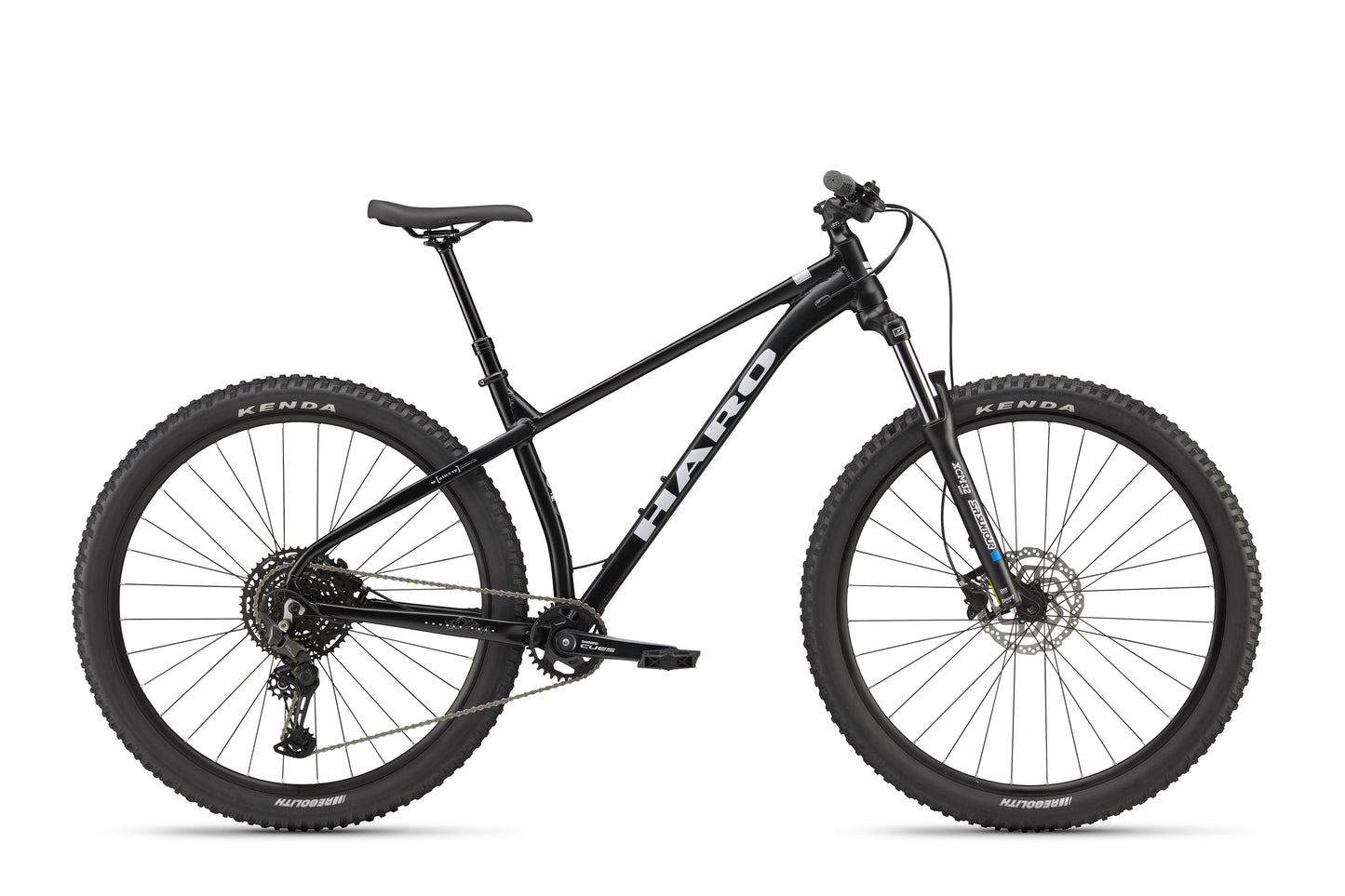 Double Peak black mountain bike with front suspension, hydraulic disc brakes, knobby tires; side view on white background.