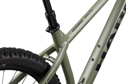 Close-up of a green Double Peak bike frame, rear tire, seat tube, and hydraulic disc brakes are visible.