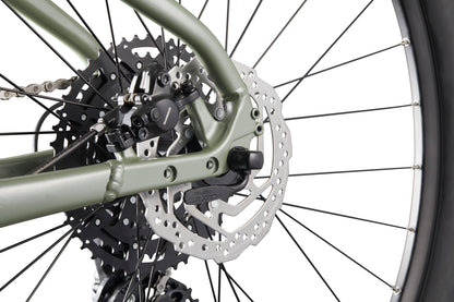 Close-up of Double Peak’s rear hydraulic disc brakes, chain, gear cassette, black spokes, and green metal frame.