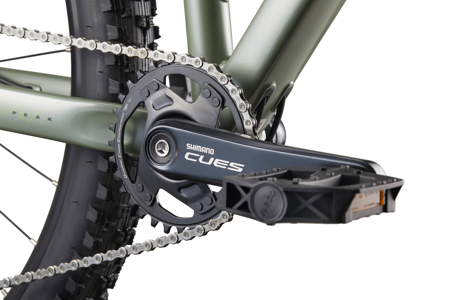 Close-up of Double Peak bike crankset, chain, pedal with Shimano CUES logo on a metallic frame and 148 boost spacing for stability.