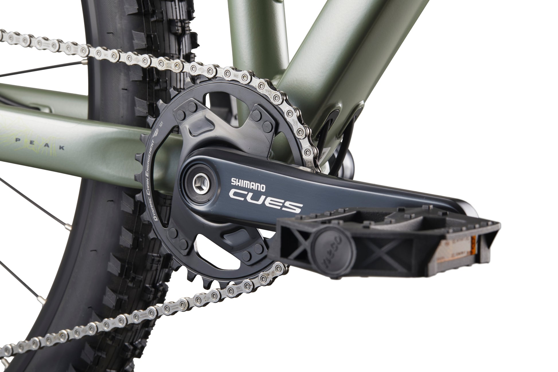 Close-up of Double Peak bike crankset, chain, pedal with Shimano CUES logo on a metallic frame and 148 boost spacing for stability.