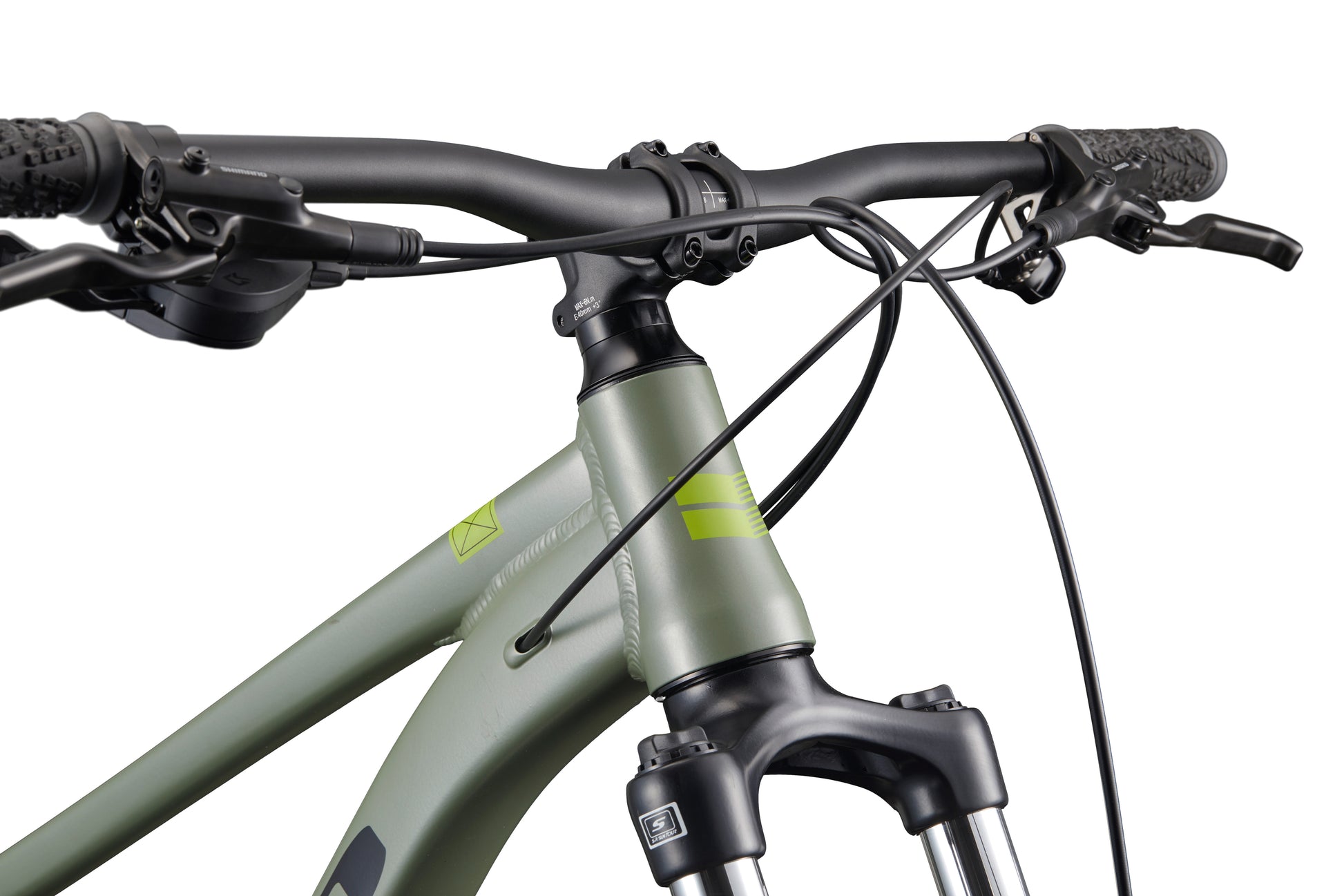 Close-up of Double Peak mountain bike handlebars, fork, and frame with 148 boost spacing for improved stability.