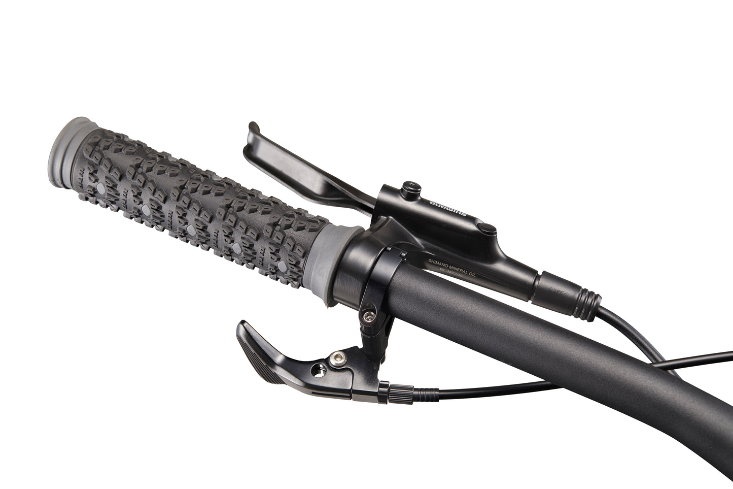 Close-up of Double Peak’s black handlebar with textured grip, hydraulic disc brakes, and gear shifter on a white background.