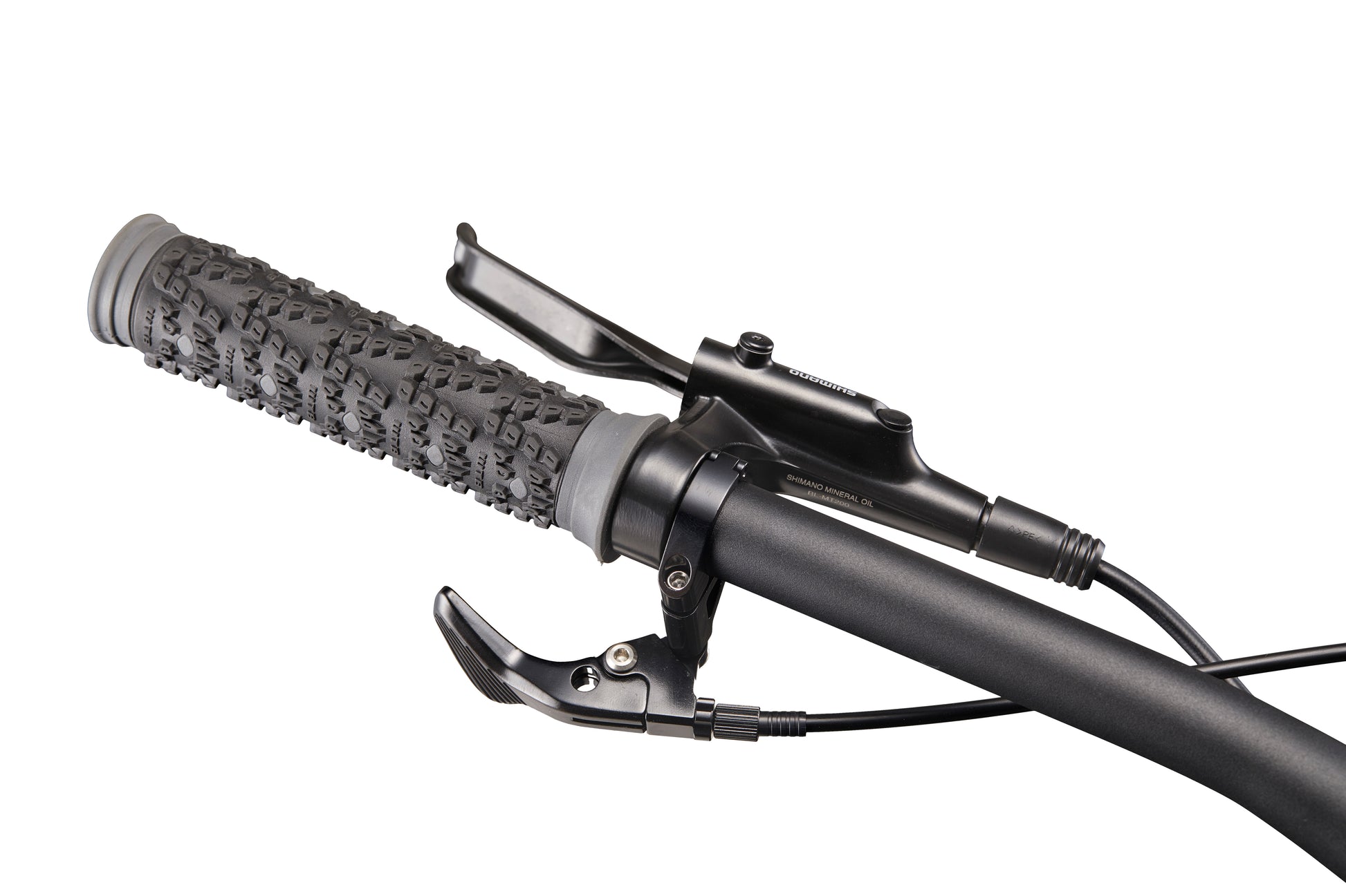 Close-up of Double Peak’s black handlebar with textured grip, hydraulic disc brakes, and gear shifter on a white background.