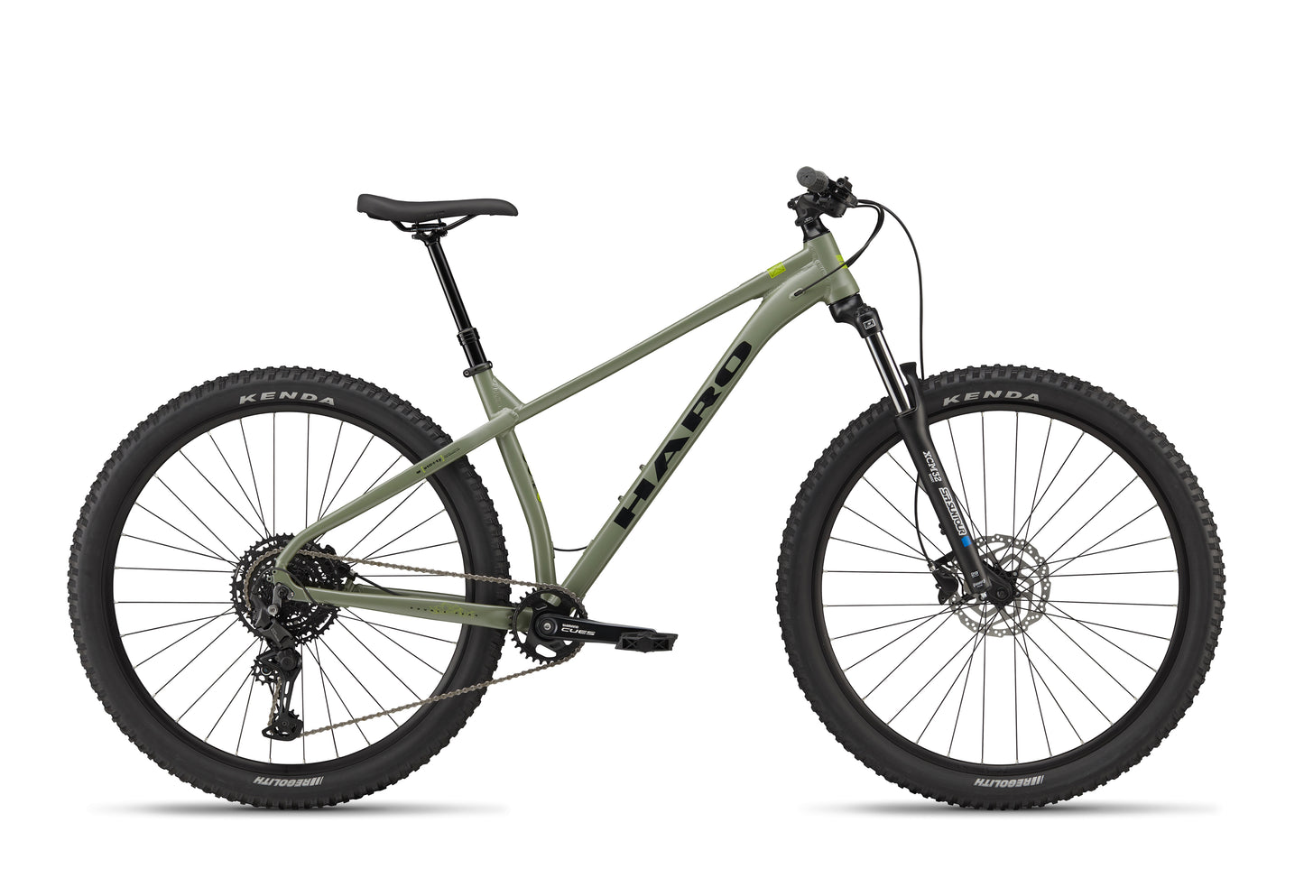 The Double Peak mountain bike, shown side view on white, has thick tires, hydraulic disc brakes, and a black saddle.
