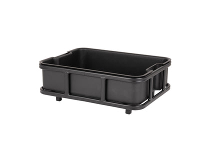 The Atran Velo Bakery Crate is a black plastic, cargo-style storage crate featuring reinforced edges, two side handles, and a rectangular design for organizing or transporting items efficiently.