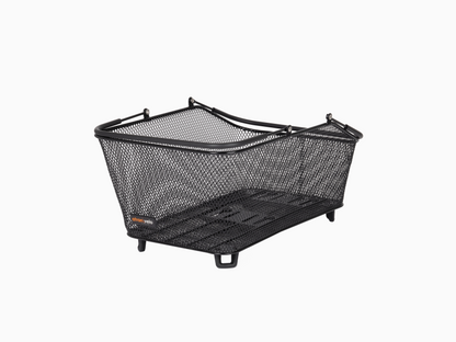 The Atran Velo Daily Basket Large is a sturdy black metal mesh bike basket with a rectangular design, an angled top edge, and four small feet for stability. It features a rear handle for AVS system attachment.