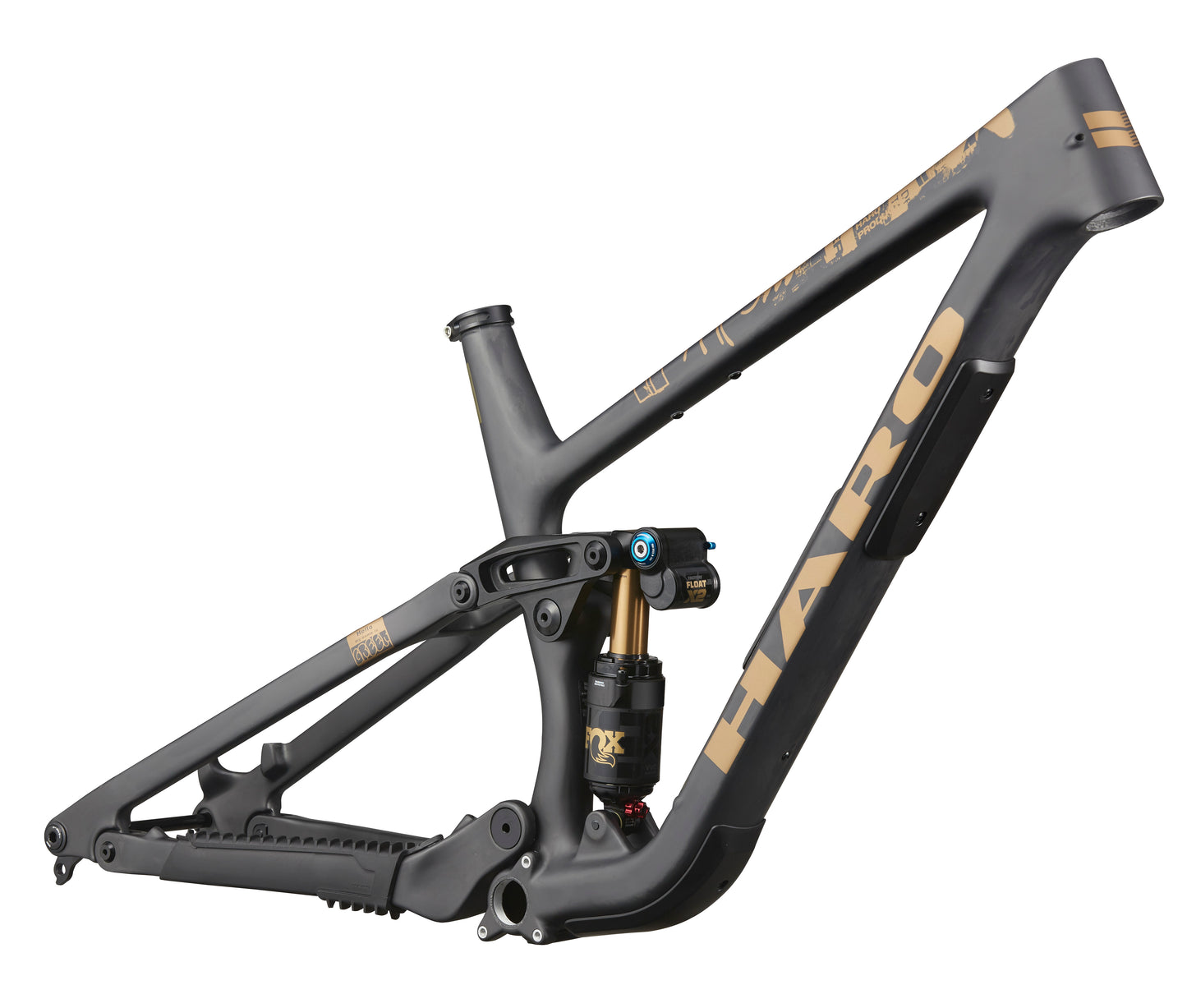 Matte black and gold Greer Carbon Frameset with shock absorber and HARO logo on the down tube.