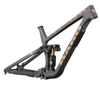 Matte black and gold Greer Carbon Frameset with shock absorber and HARO logo on the down tube.
