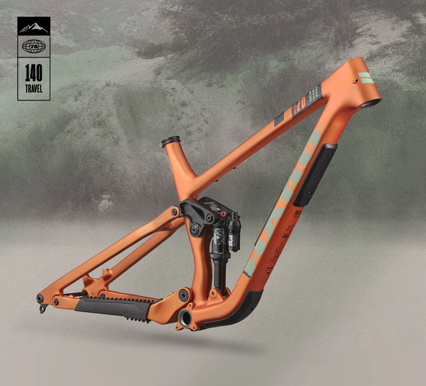 Daley Carbon Frameset full-suspension trail bike on gray, 140 travel logo in top left corner.