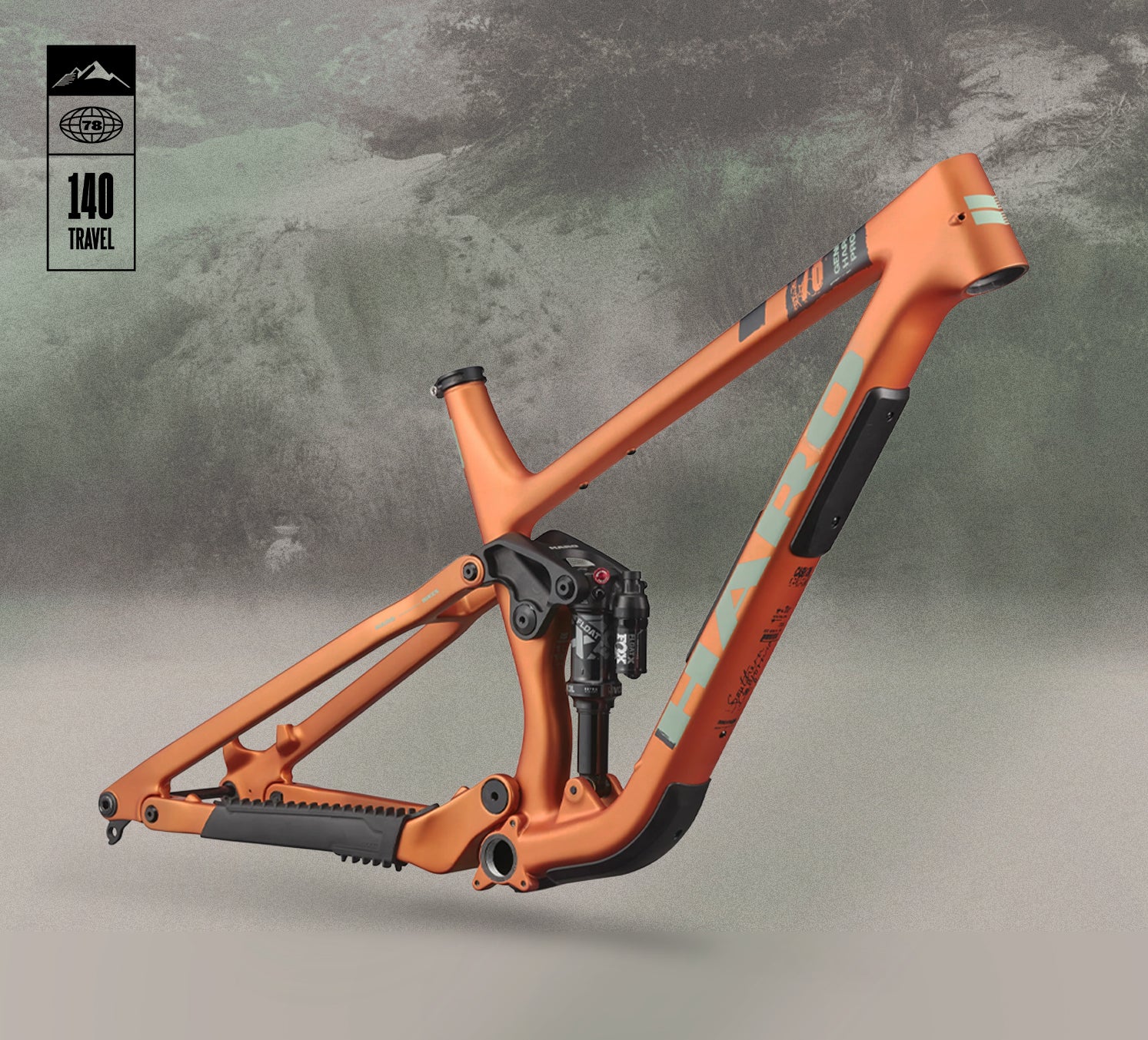 Daley Carbon Frameset full-suspension trail bike on gray, 140 travel logo in top left corner.
