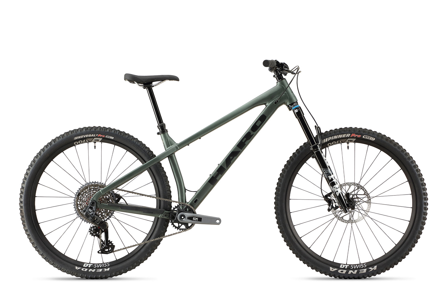The Saguaro 1 bike has aggressive geometry, a matte green hydroformed aluminum frame, front suspension, and disc brakes.