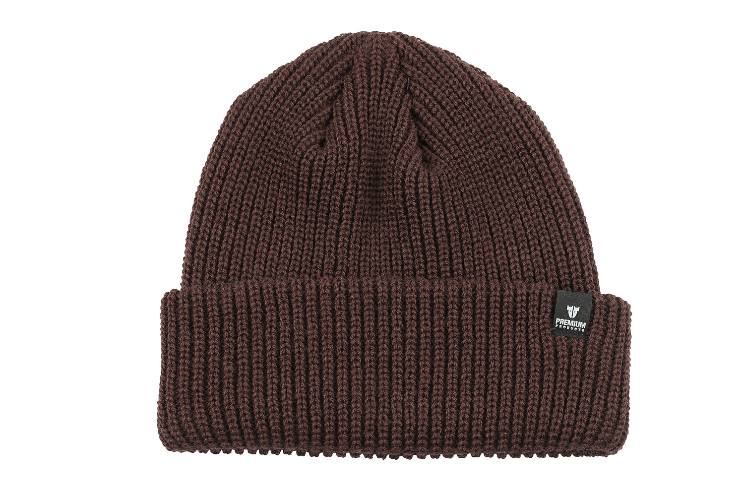 The Premium Loose Knit Beanie by Premium is a brown beanie with a folded brim and a small black label on the side, perfect for adding warmth and style.