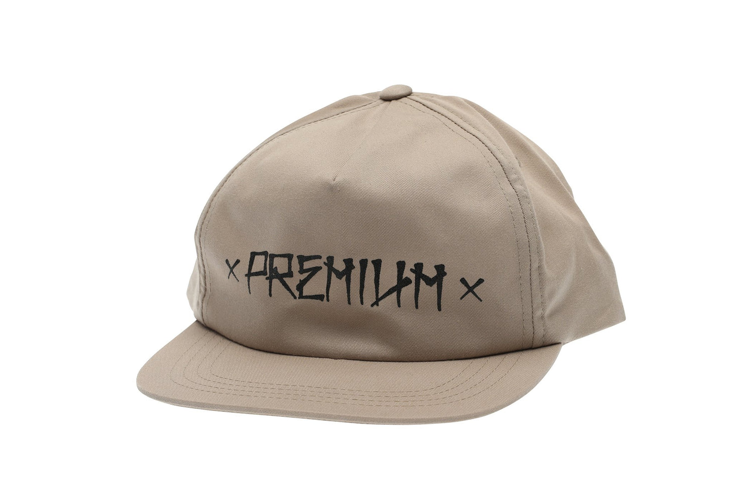 A beige Vato Snap Back Hat by Premium features bold black PREMIUM lettering, an unstructured design, curved brim, six panels, and a button on top for a cool style.