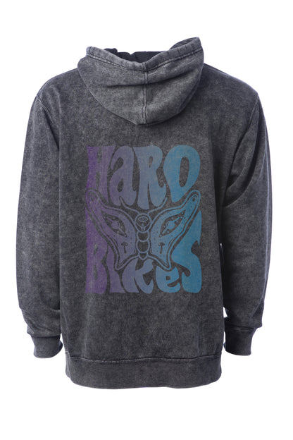 The Haro Butterfly Hoodie by Haro Bikes is a dark gray hoodie featuring a back design with a large butterfly and the text HARO BIKES in purple and blue, complete with a drawstring and hood.