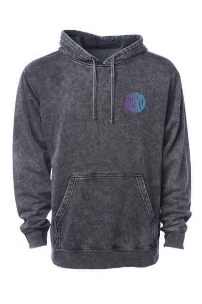 The Haro Butterfly Hoodie from Haro Bikes is charcoal gray with a front pocket, drawstrings, and a small circular HARO logo in blue and purple on the chest. It features a fabric with a faded, vintage look.