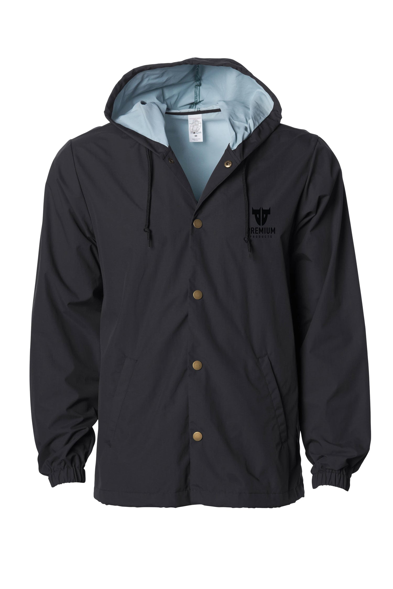 The Premium Trademark Breaker by Premium is a black hooded jacket with light blue lining, adjustable drawstrings, a button-up front, elastic cuffs, and a small emblem on the left chest in a simple, stylish design.