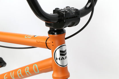 A close-up of the Boulevard 20.5 bike from Haro Bikes shows an orange frame with a black handlebar, capturing the BMX vibe. The HARO logo and LEVARO are prominently displayed, all against a plain white background.