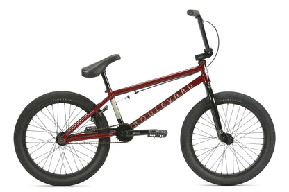 The Haro Bikes Boulevard 20.5 is a red BMX bike ideal for the BMX lifestyle, featuring thick black tires, a black seat, and handlebar. Its sturdy frame has BOULEVARD in white lettering. With a single-speed drivetrain and wheel pegs, it’s ready for any terrain adventure.