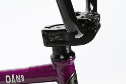 A close-up shows the purple chromoly-framed Dana bicycle by Haro Bikes with a handlebar attached via a black stem with engraved details. Responsive geometry and Premium CK tires stand out against the white background.