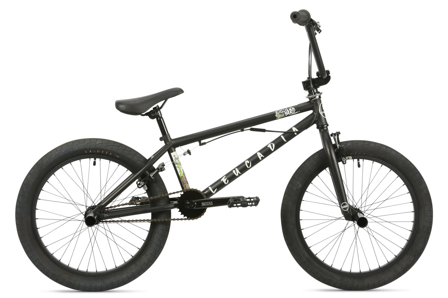 Black Leucadia DLX freestyle BMX bike with thick tires, high handlebars, and chromoly cranks, shown from the side.