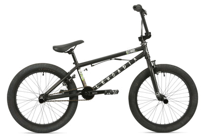 The Leucadia DLX is a black BMX with knobby tires, a sturdy seat, chromoly cranks, a Gyro detangler, and urban-style handlebars for a compact look.